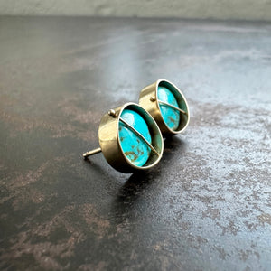 captured turquoise stud earrings, one of a kind, hilary finck jewelry, 14k gold, fine jewelry