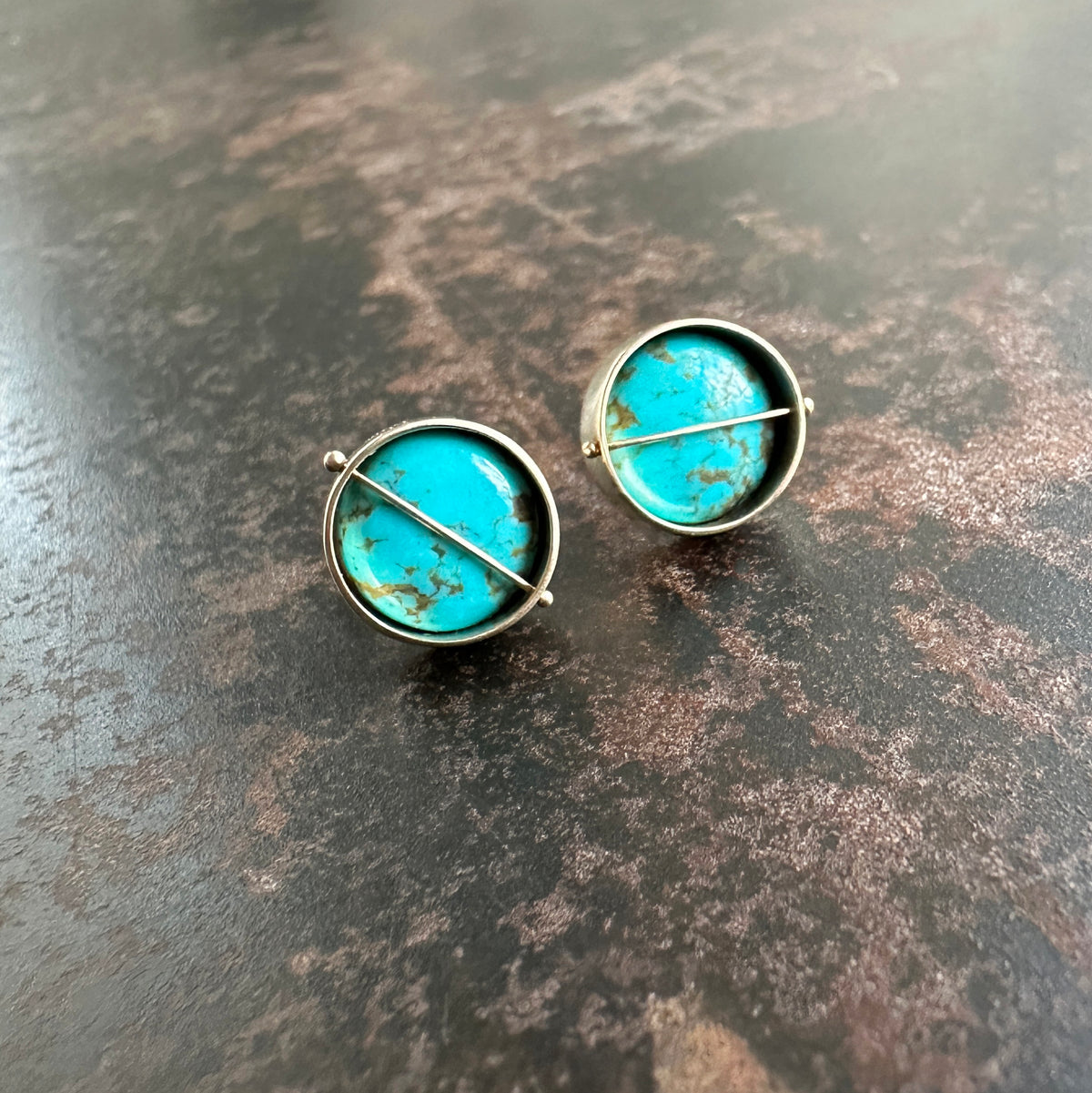captured turquoise stud earrings, one of a kind, hilary finck jewelry, 14k gold, fine jewelry
