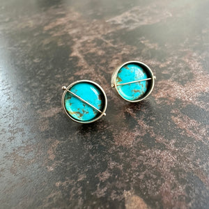 captured turquoise stud earrings, one of a kind, hilary finck jewelry, 14k gold, fine jewelry