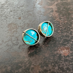 captured turquoise stud earrings, one of a kind, hilary finck jewelry, 14k gold, fine jewelry