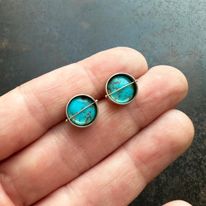 captured turquoise stud earrings, one of a kind, hilary finck jewelry, 14k gold, fine jewelry