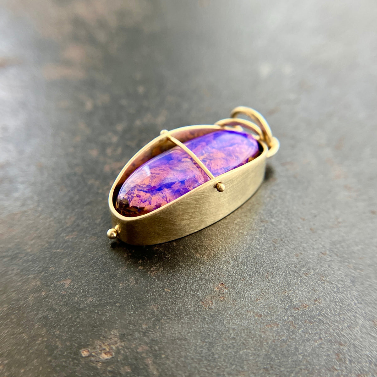purple wood opal pendant in 14k gold, Hilary finck Captured collection