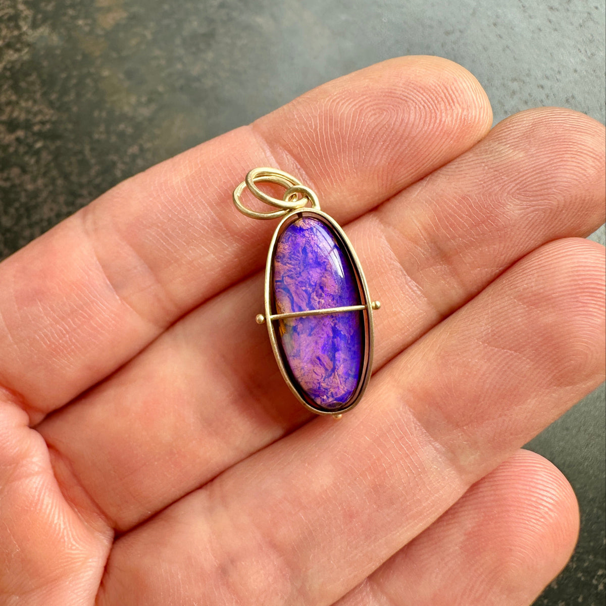 purple wood opal pendant in 14k gold, Hilary finck Captured collection