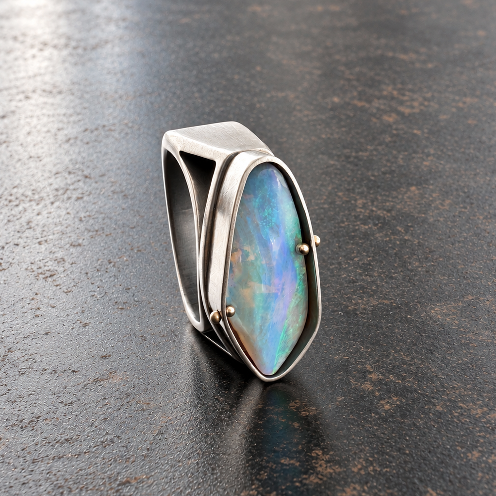blue wood opal and silver architectural ring