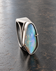 blue wood opal and silver architectural ring