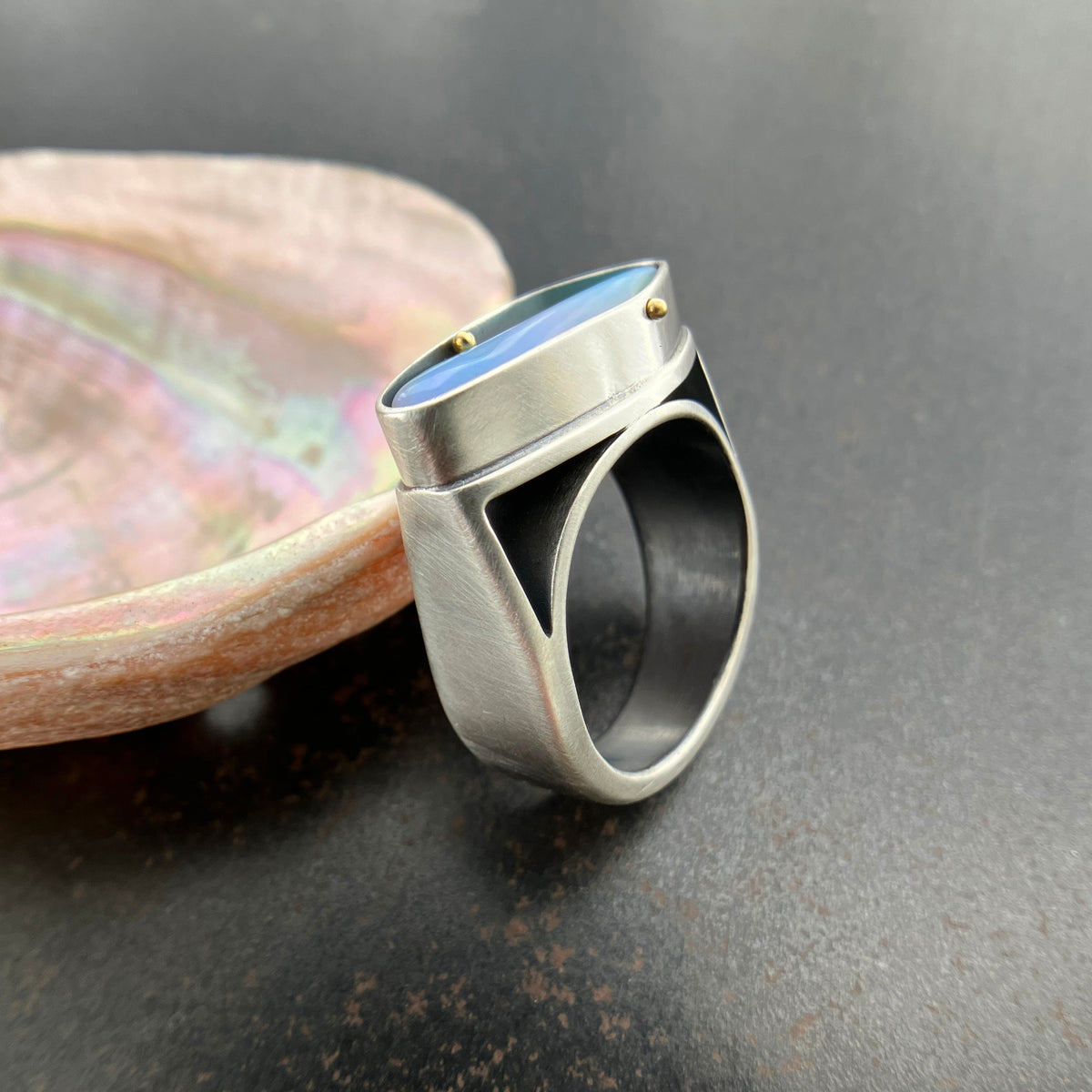 blue wood opal and silver architectural ring