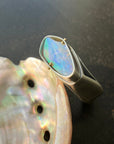 blue wood opal and silver architectural ring