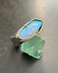 blue wood opal and silver architectural ring