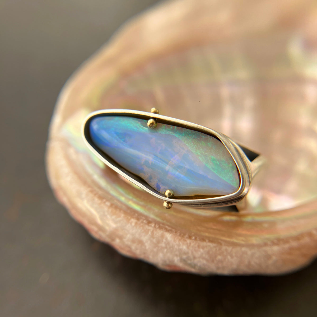 blue wood opal and silver architectural ring