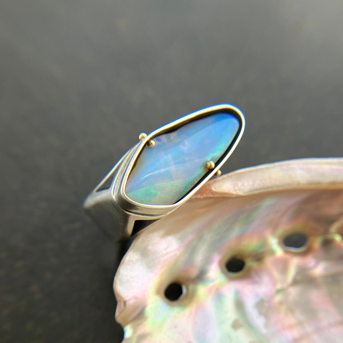 blue wood opal and silver architectural ring
