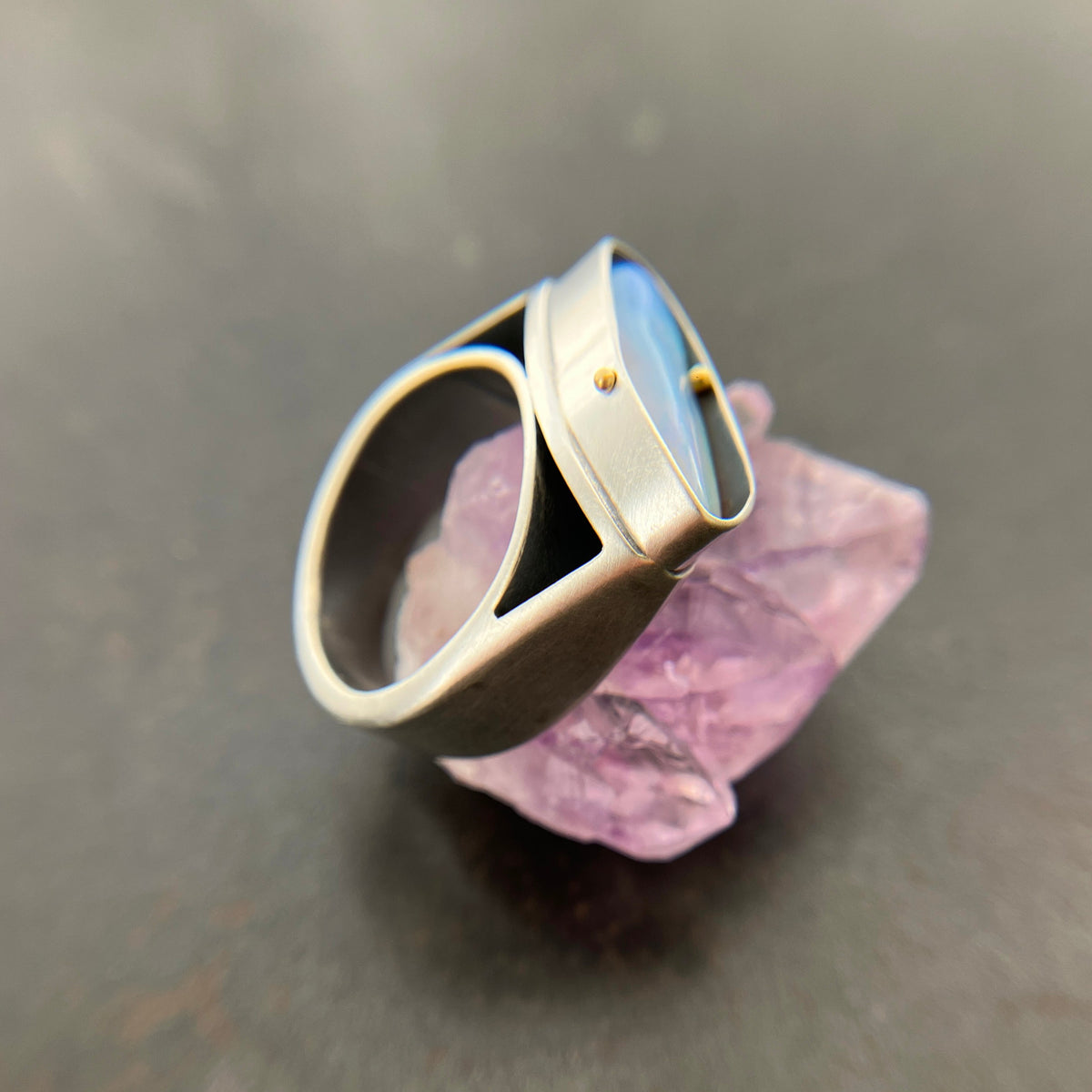 blue wood opal and silver architectural ring
