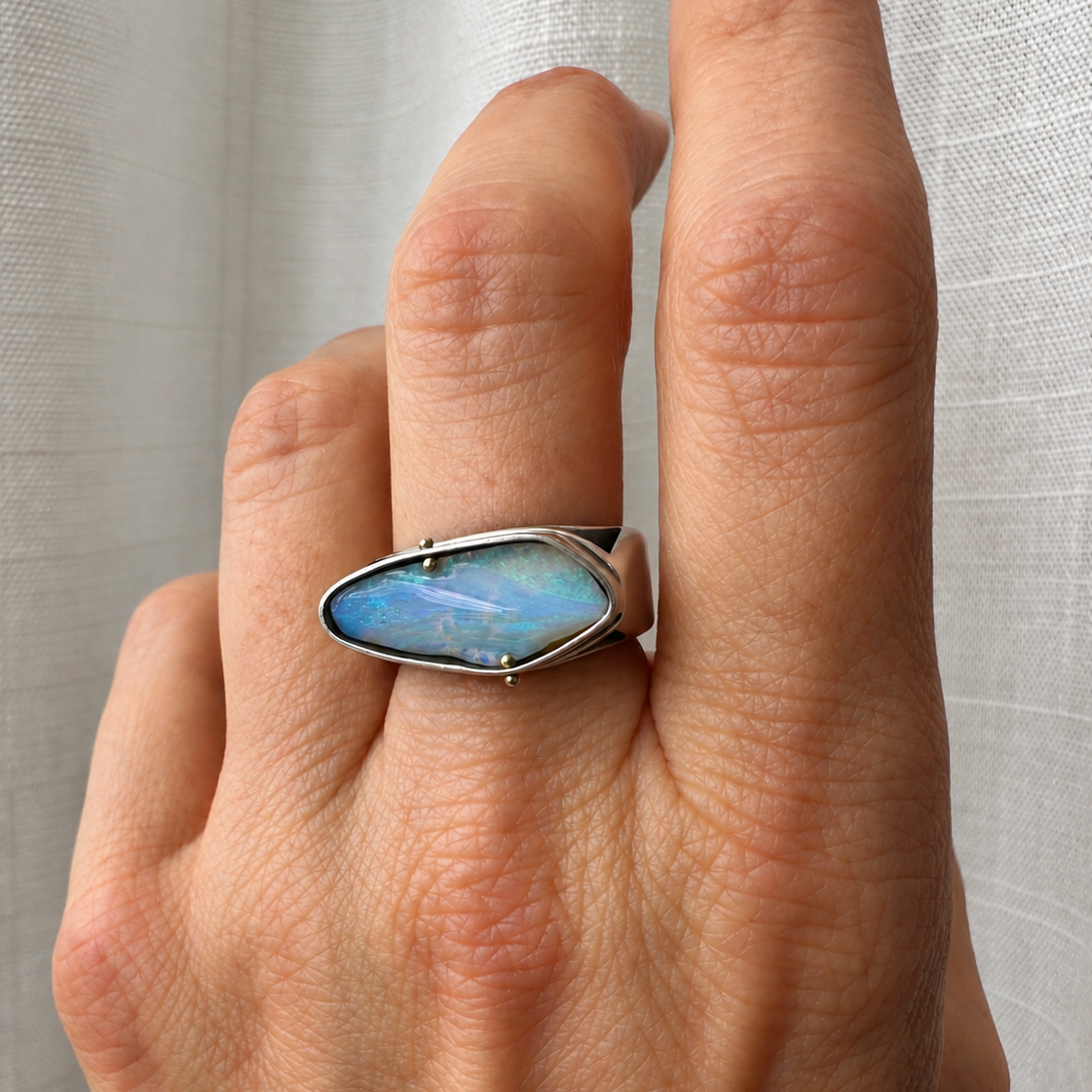 blue wood opal and silver architectural ring