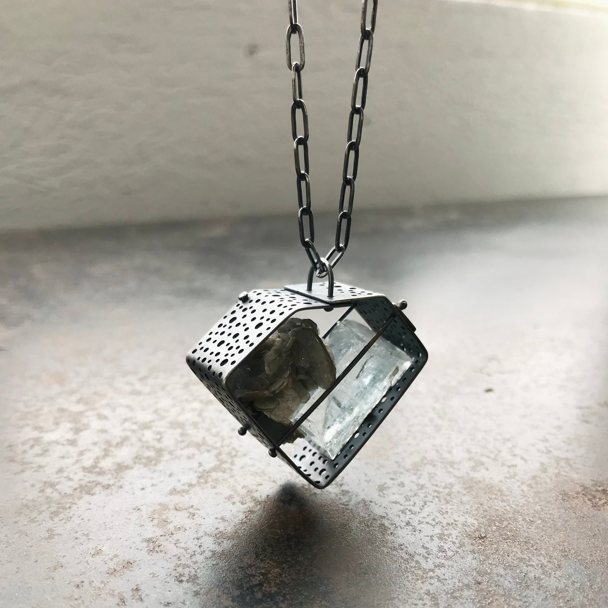 Captured Rough Aquamarine and Mica Necklace