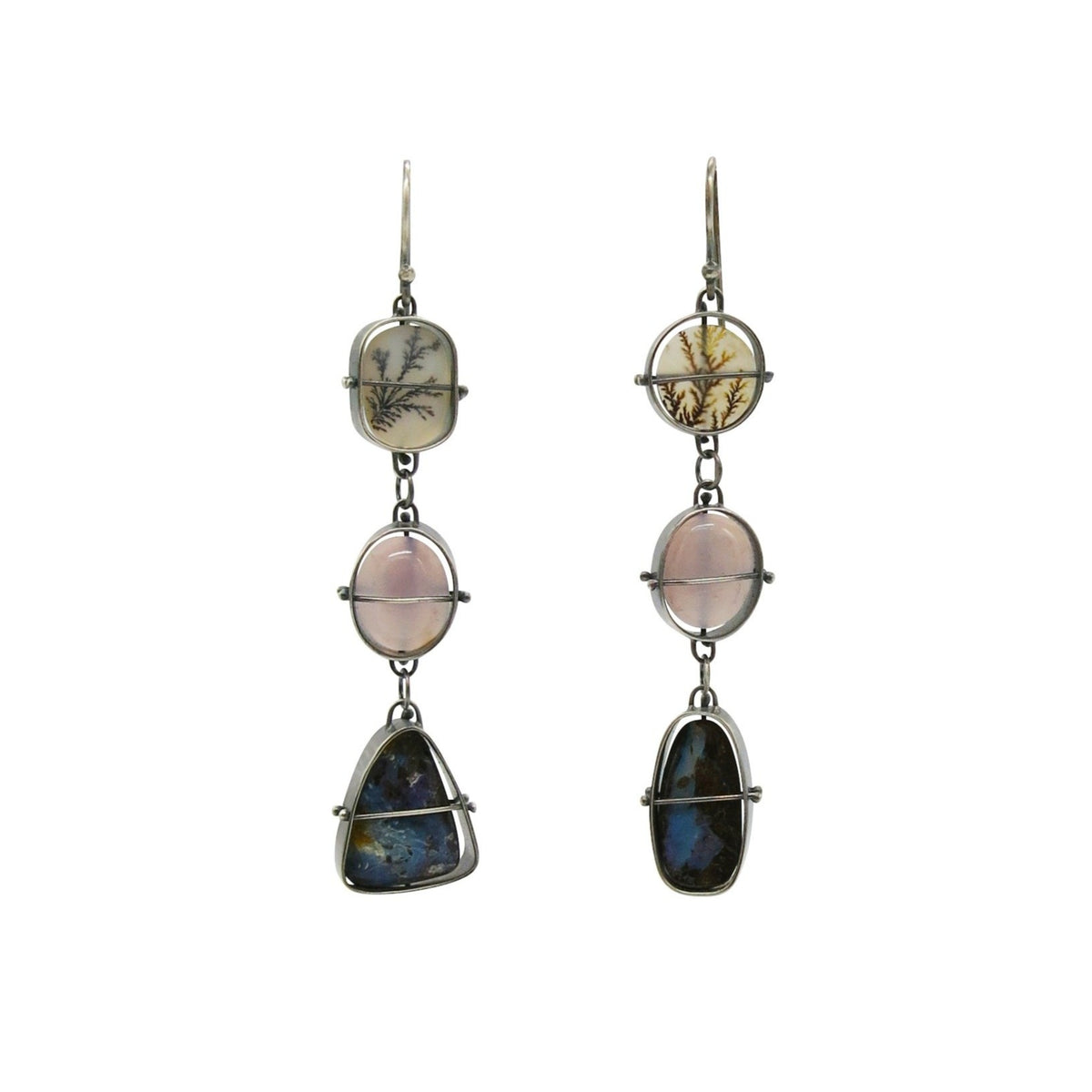 Captured Dendritic Agate, Purple Agate, and Boulder Opal Earrings