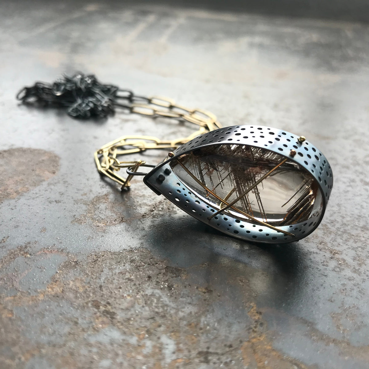 Silver Rutile Quartz Teardrop Pendant with Removable Long Chain