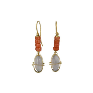 Captured Chalcedony and Vintage Coral Earrings