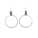 Turquoise and Coral Hammered Hoops