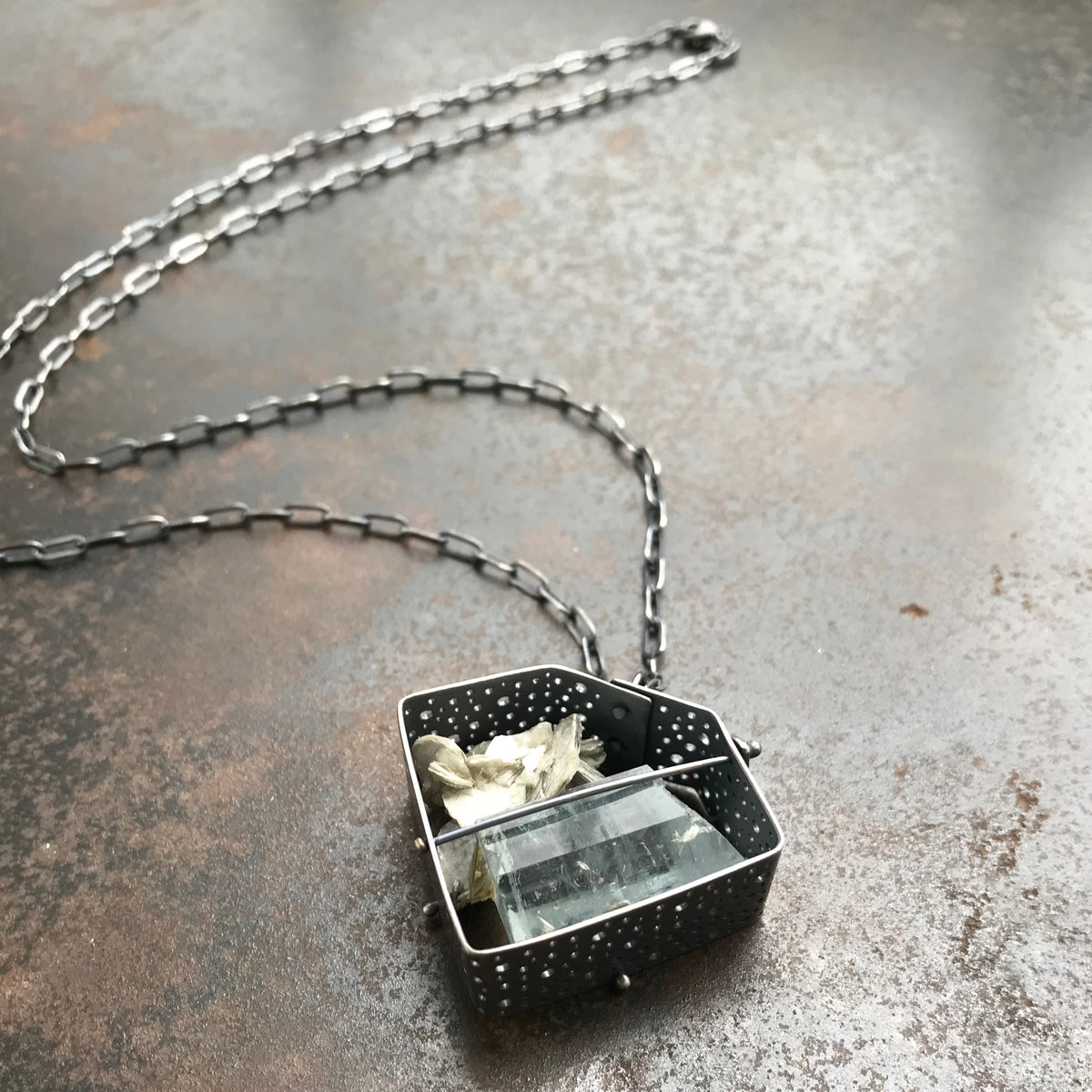 Captured Rough Aquamarine and Mica Necklace