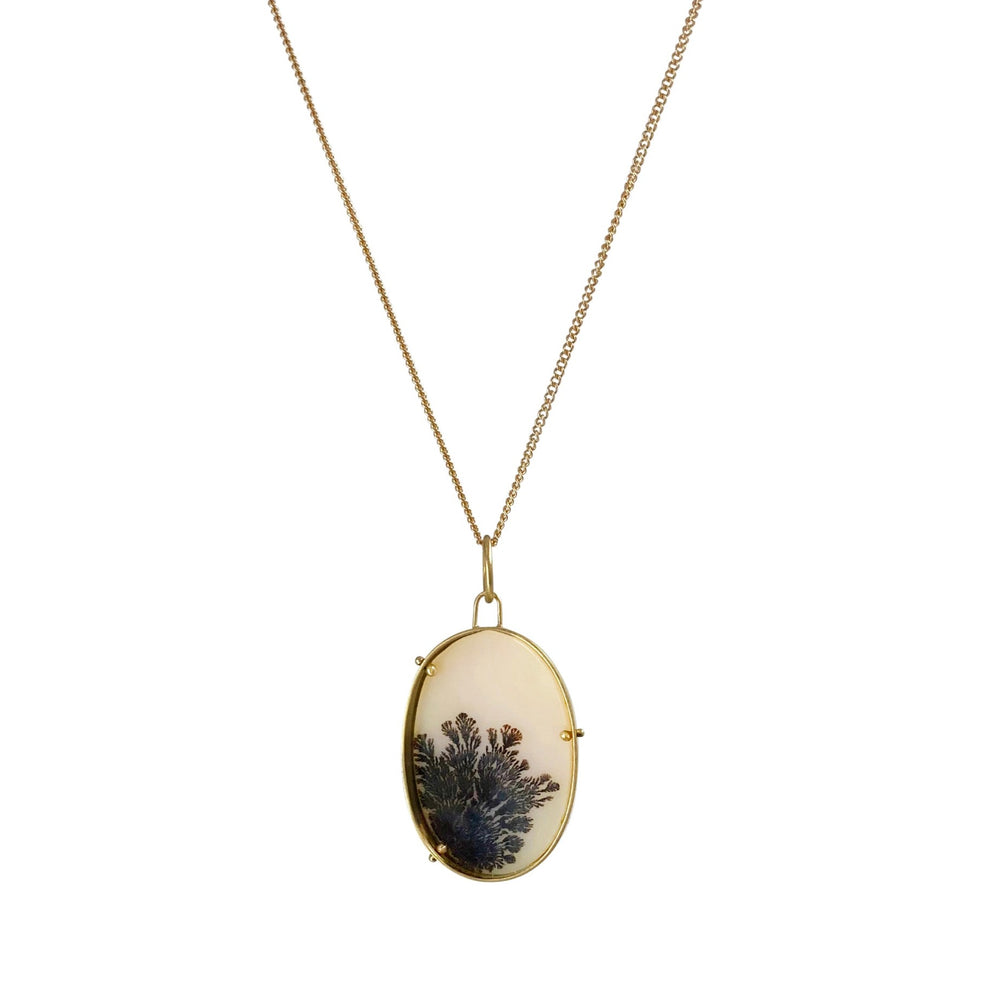 dendritic agate necklace, gold necklace, gold jewelry, one of a kind jewelry, hilary finck jewelry, fine jewelry, unique jewelry, handmade jewelry.