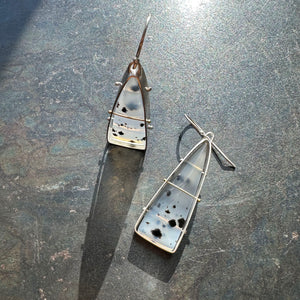 
                
                    Load image into Gallery viewer, Captured Speckled Montana Agate Triangle Earrings
                
            