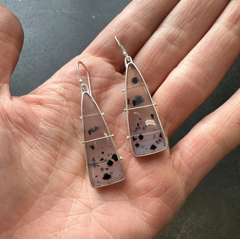 
                
                    Load image into Gallery viewer, Captured Speckled Montana Agate Triangle Earrings
                
            