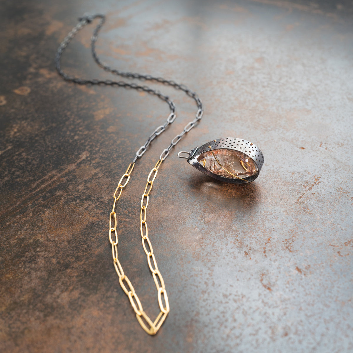 Silver Rutile Quartz Teardrop Pendant with Removable Long Chain