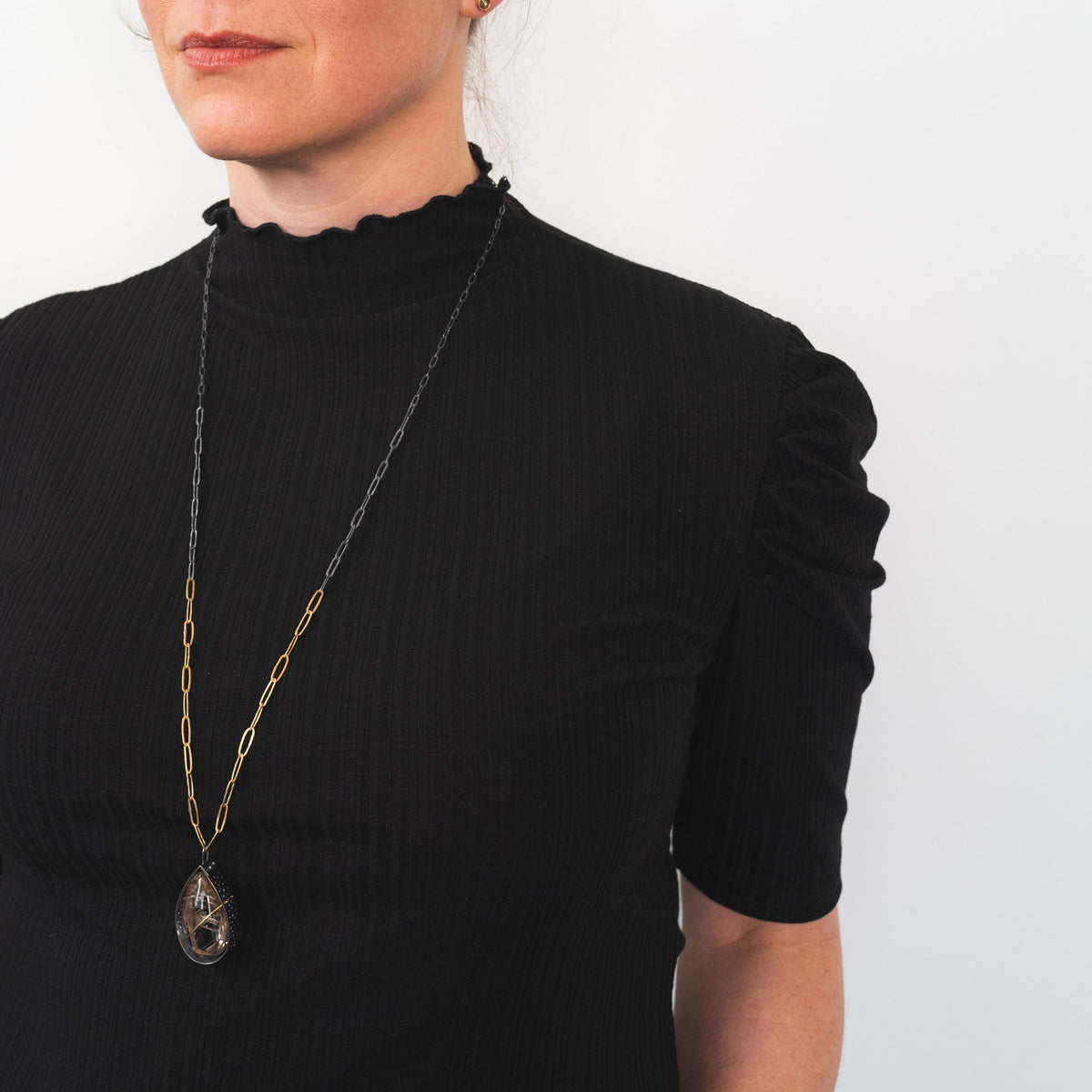 Silver Rutile Quartz Teardrop Pendant with Removable Long Chain