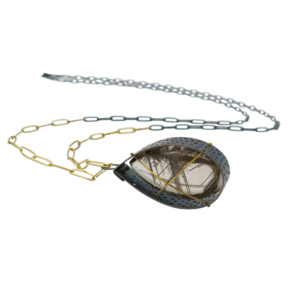 Silver Rutile Quartz Teardrop Pendant with Removable Long Chain
