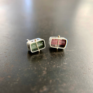 rough tourmaline studs in pink and green in sterling silver