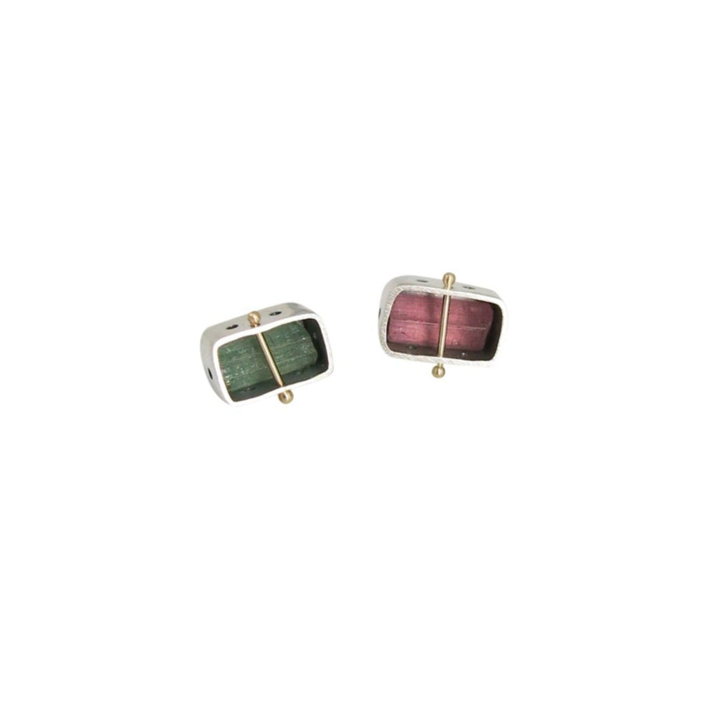 rough tourmaline studs in pink and green in sterling silver
