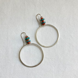 
                
                    Load image into Gallery viewer, Turquoise and Coral Hammered Hoops
                
            