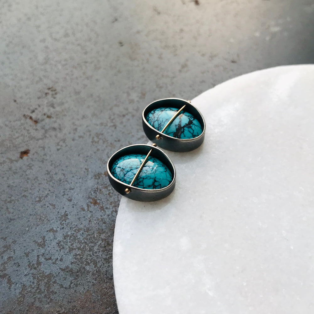 
                
                    Load image into Gallery viewer, Captured Blue Moon Turquoise Stud Earrings
                
            